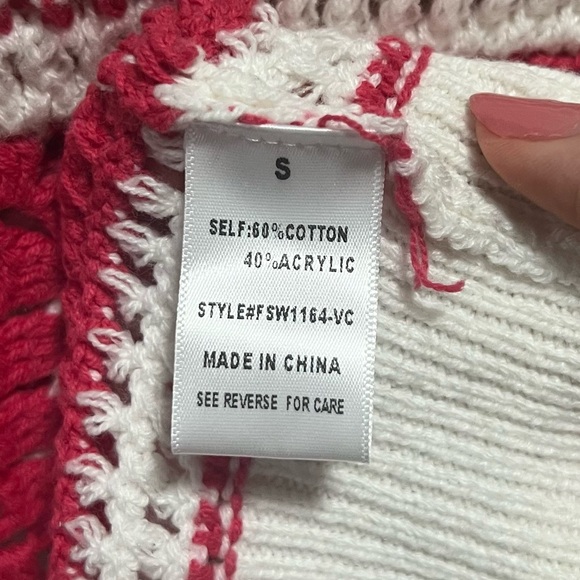 VICI Pink & White Cotton Blend Ruffle Sleeve Open Knit Crochet Top Size Small - Picture 5 of 5